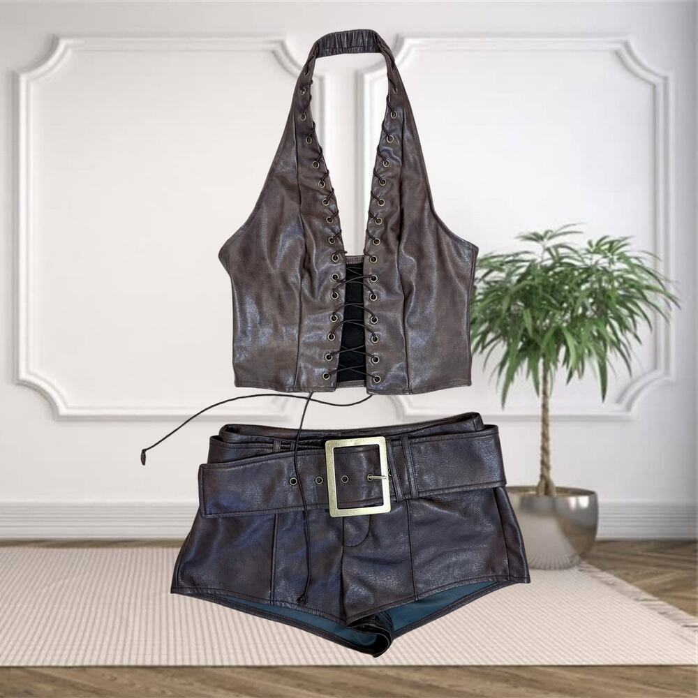 ๐ฅ SHEIN BAE Brown PU Lace-Up Halter Corset + Belted Mini Shorts Set ๐ฅ - Picture 4 of 8